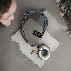 Cookie Lee Multi-Strand Glass Seed Bead Necklace Silver Donut Ring Pendant NWT